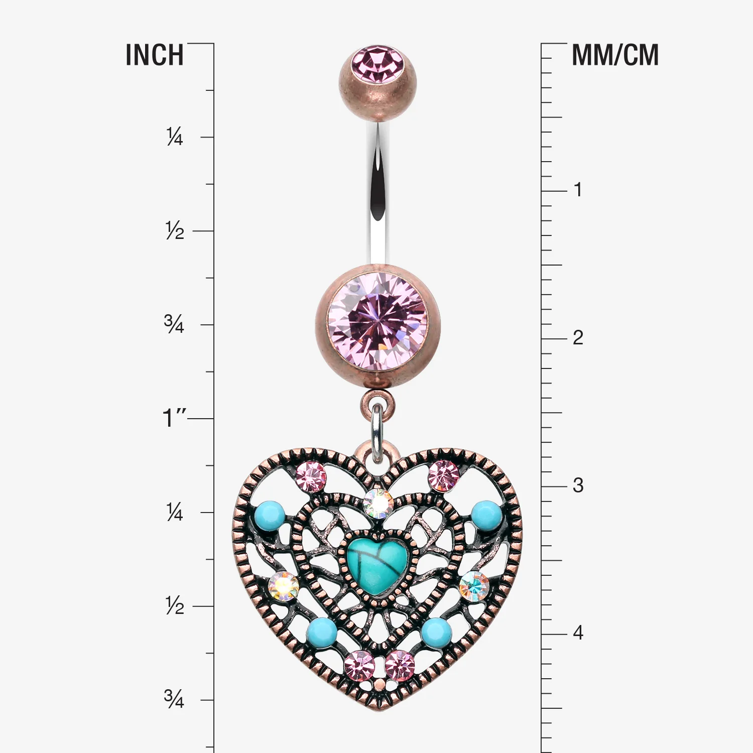 Vintage Boho Filigree Turquoise Heart Belly Button Ring - Image 2