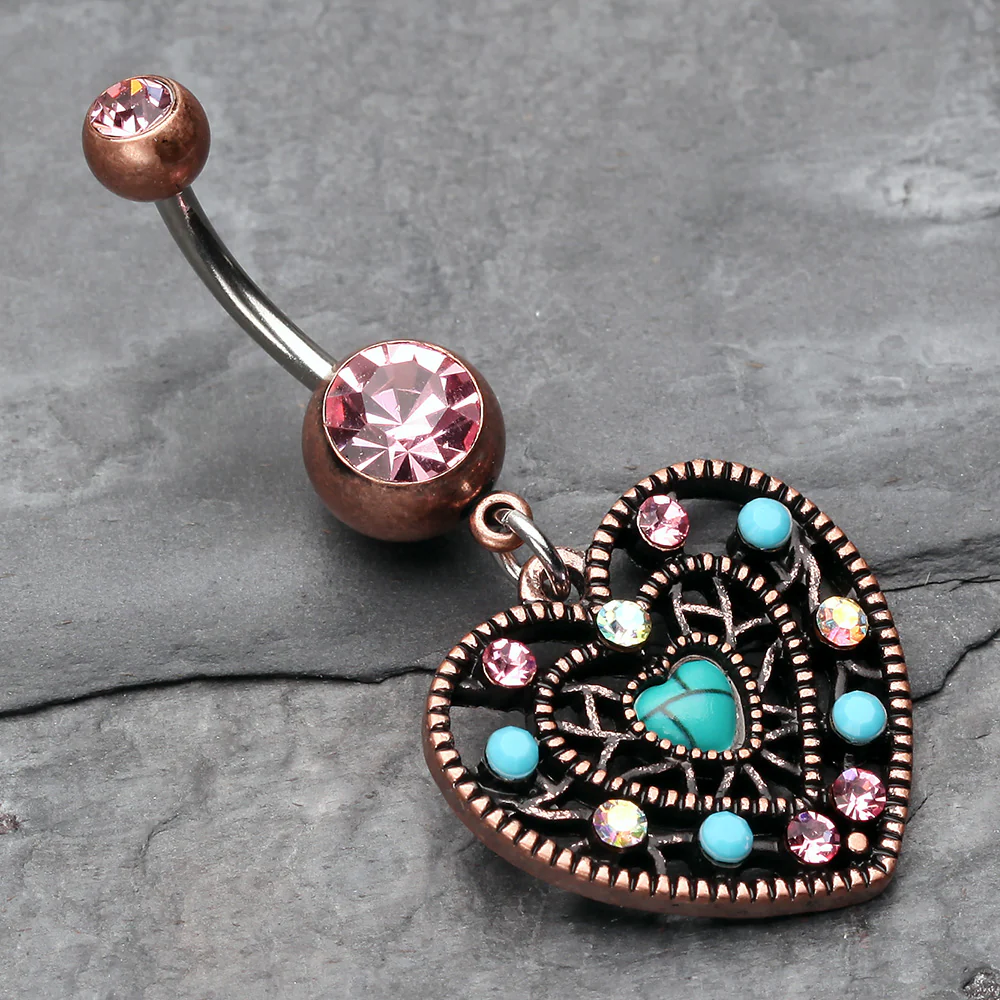 Vintage Boho Filigree Turquoise Heart Belly Button Ring - Image 3