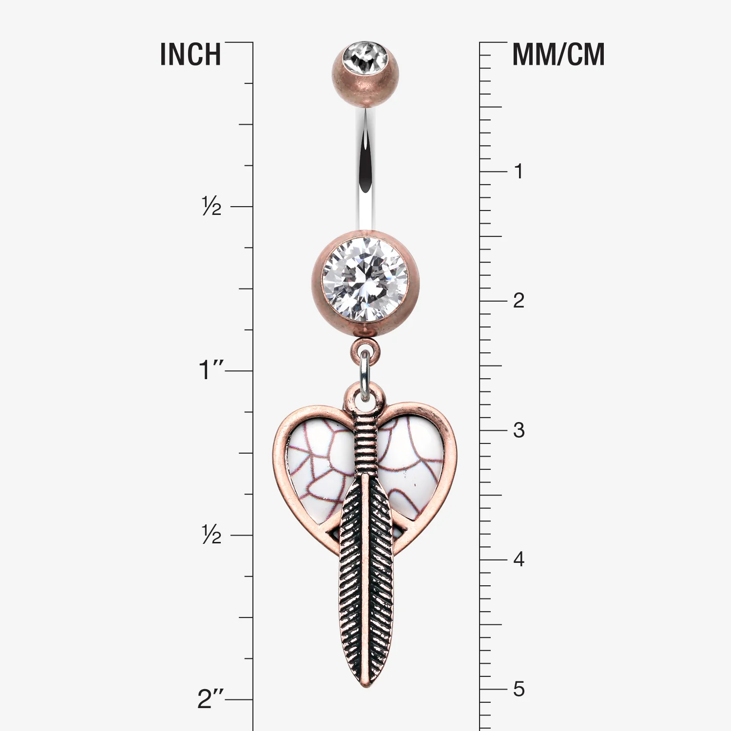 Vintage Boho Peace Heart with Feather Belly Button Ring - Image 2