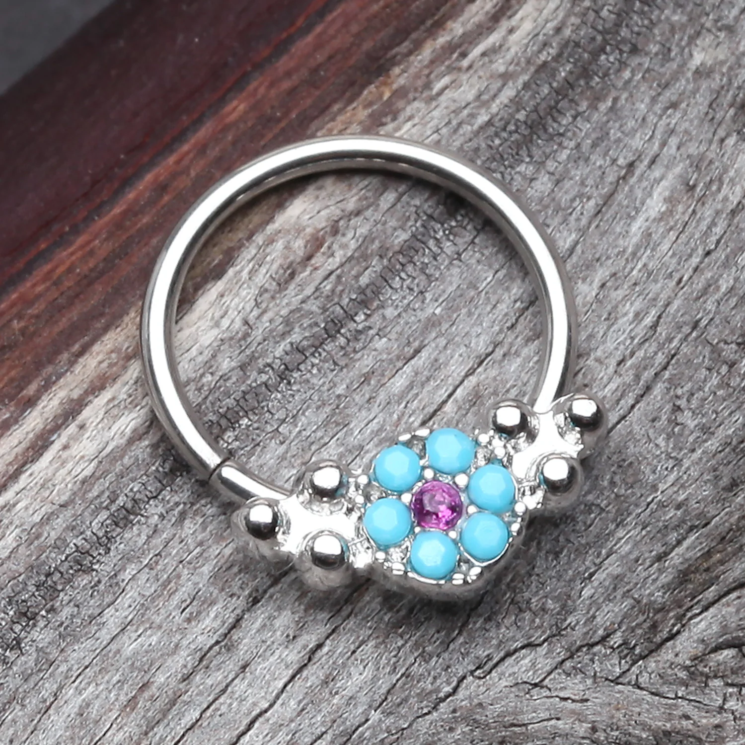 Vintage Boho Turquoise Floral Sparkle Twist Hoop Ring - Image 2