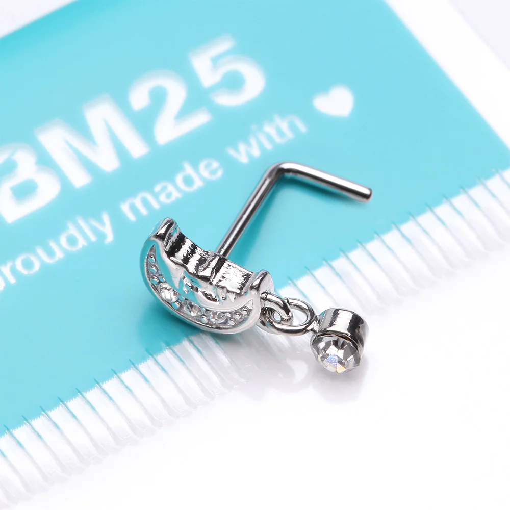Vintage Crescent Moon Face Sparkle Dangle L-Shaped Nose Ring - Image 4