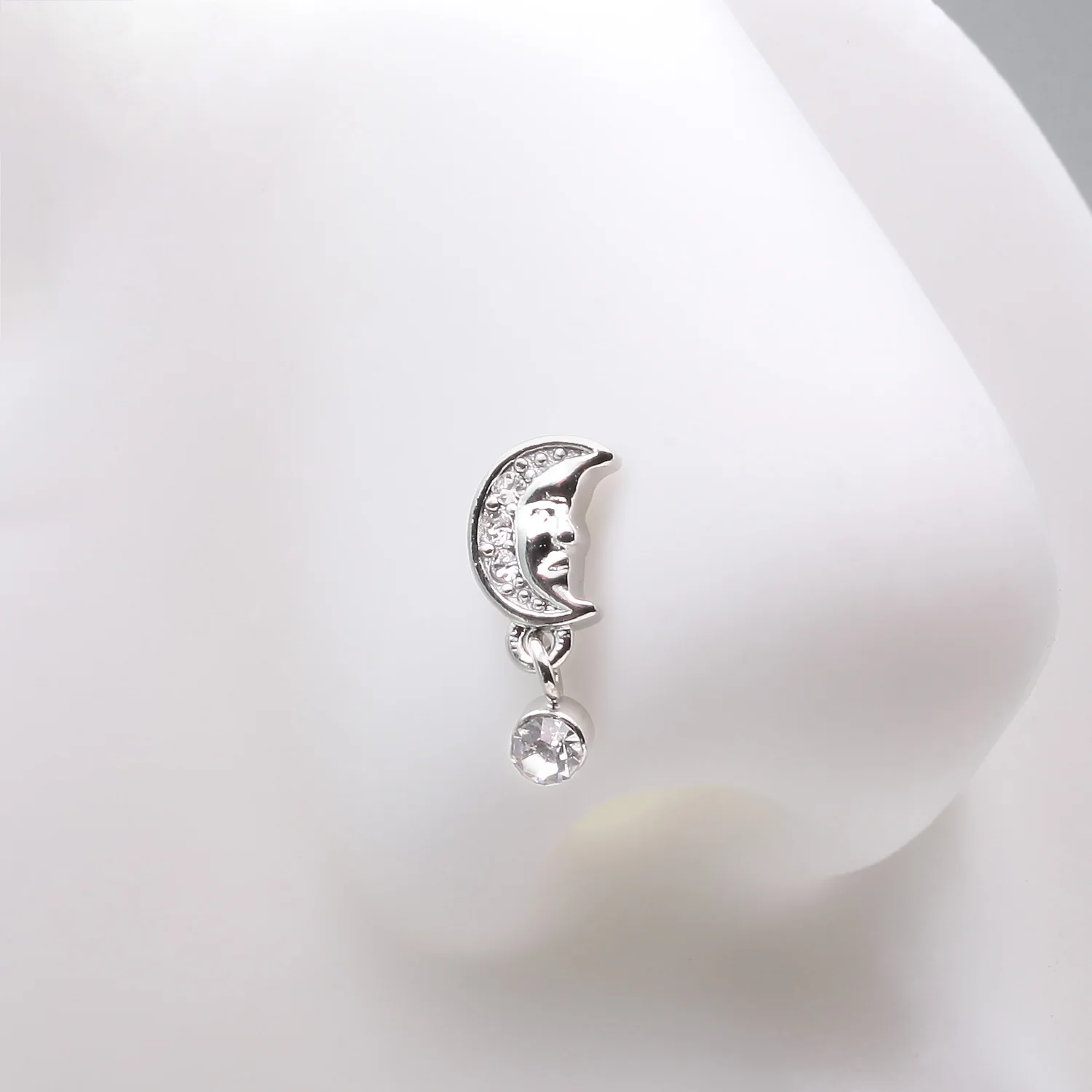 Vintage Crescent Moon Face Sparkle Dangle Nose Stud Ring - Image 2