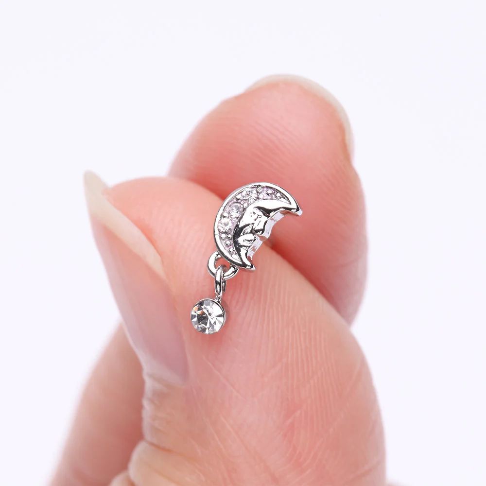 Vintage Crescent Moon Face Sparkle Dangle Nose Stud Ring - Image 3