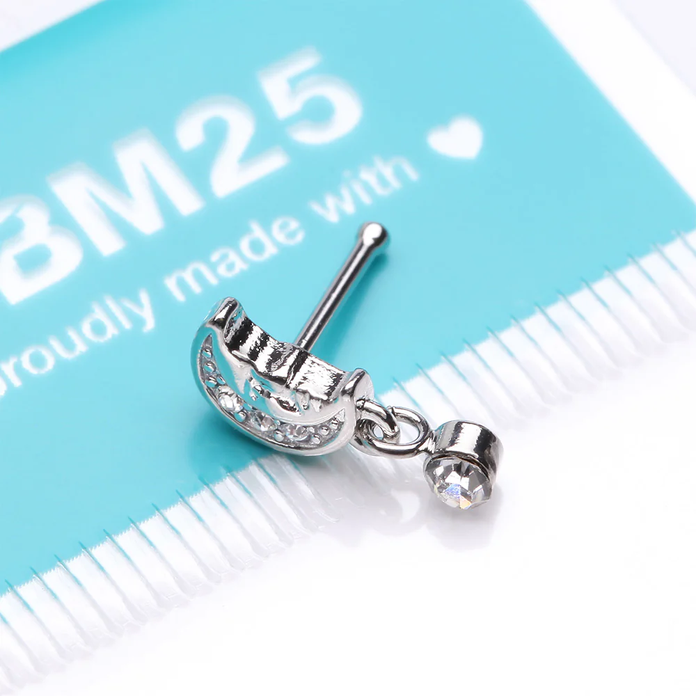 Vintage Crescent Moon Face Sparkle Dangle Nose Stud Ring - Image 4