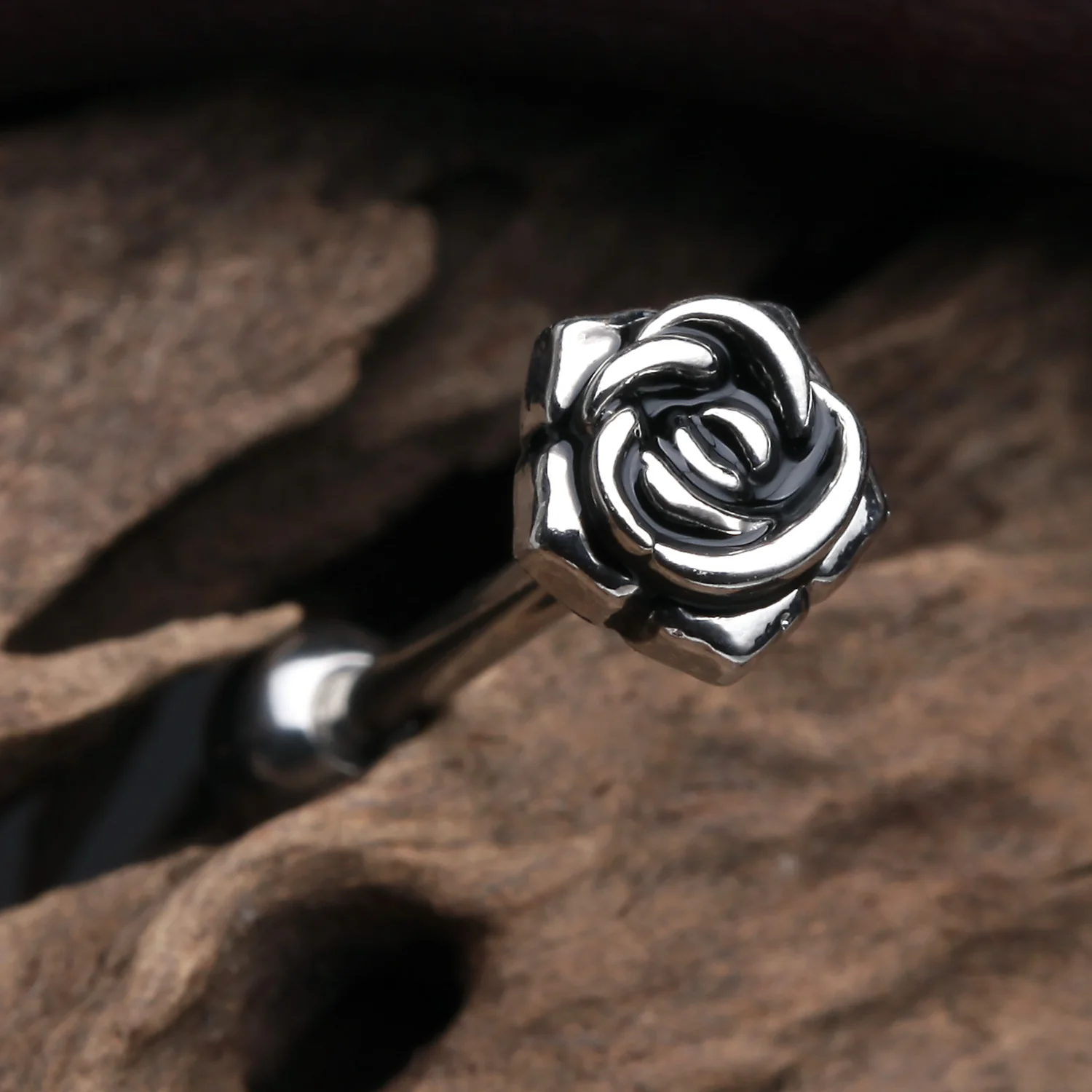 Vintage Steel Rose Blossom Barbell Tongue Ring - Image 2