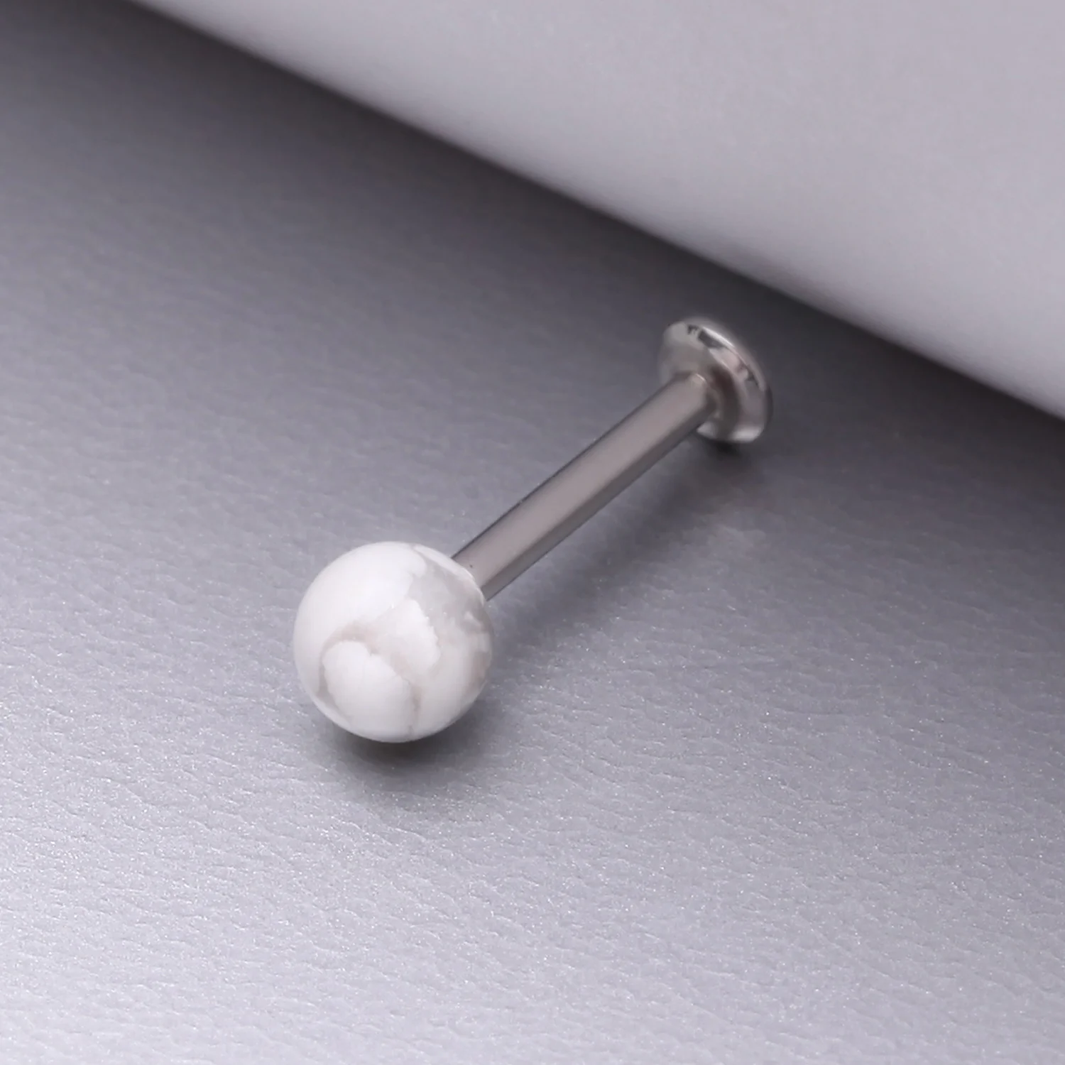 White Howlite Stone Ball Top Steel Flat Back Stud Labret - Image 2