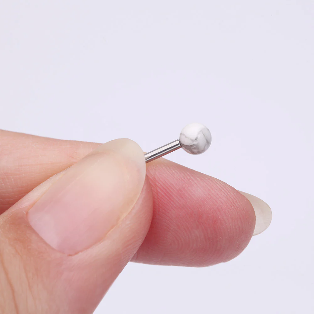 White Howlite Stone Ball Top Steel Flat Back Stud Labret - Image 3