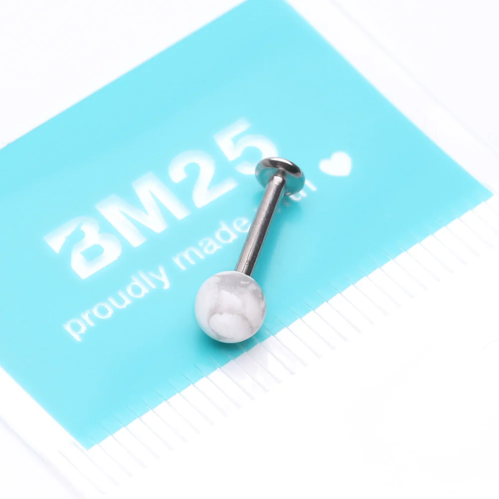 White Howlite Stone Ball Top Steel Flat Back Stud Labret - Image 4